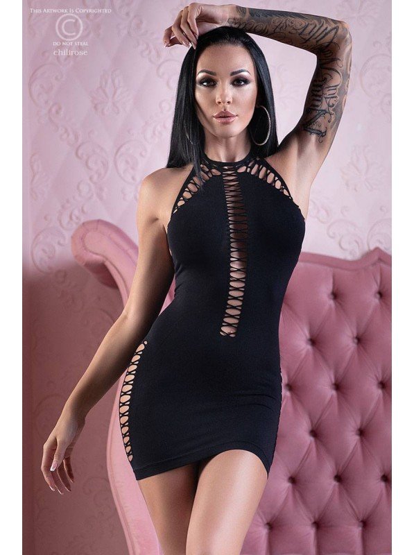 Chilirose-Lingerie-mini-abito-nero-stretch-4d-con-tagli-decorativi