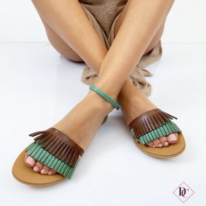 sandali bassi testa di moro verde made in italy vera pelle con frange de caro calzature