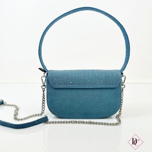 borsa in tessuto blu jeans pochette elegante con brillantini e tracolla de caro calzature