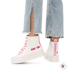 sneakers stivaletto in tela bianco con lacci fucsia de caro calzature (3)