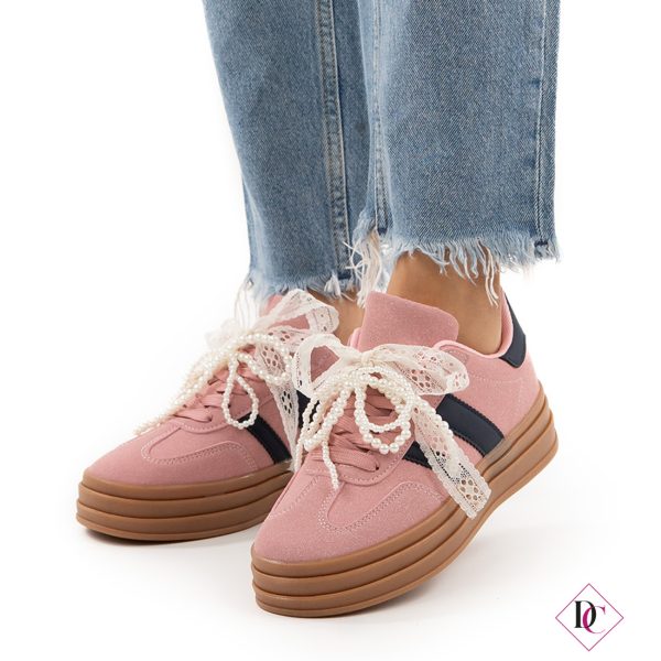 sneakers rosa con zeppa platform e perle sui lacci de caro calzature (3)