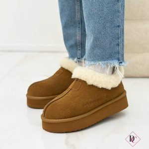 scarponcini camel con pelliccia e zeppa platform de caro calzature